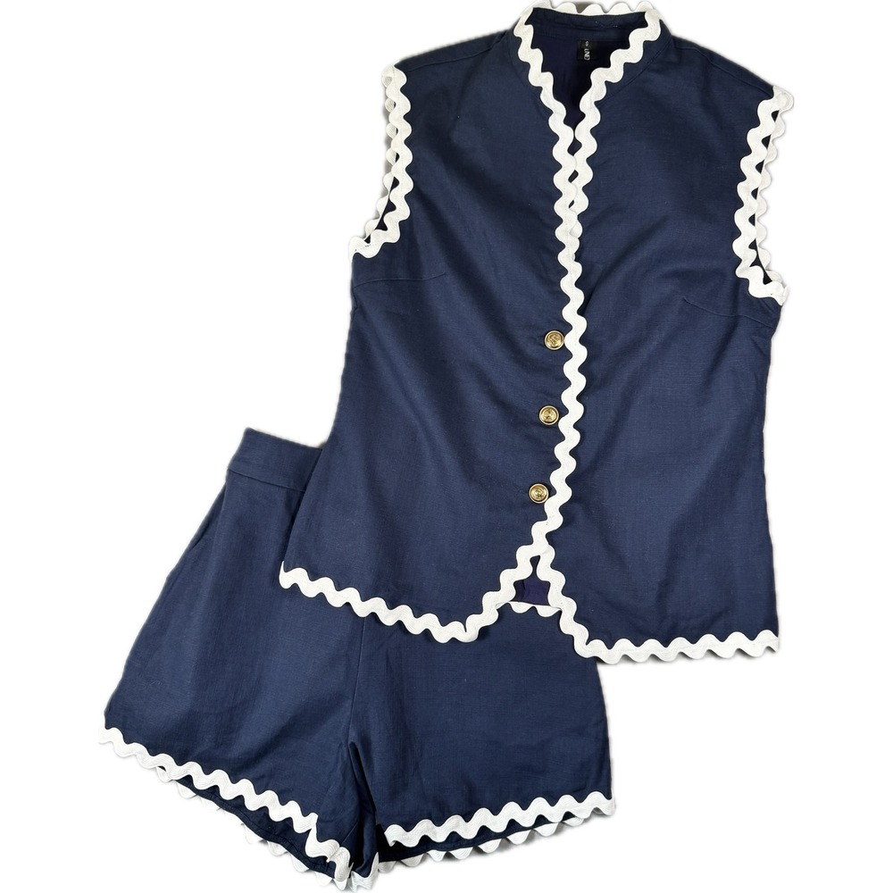 Lune Muse Vest and Shorts Set Women Small Navy Blue Linen Ric Rac Trim Paris